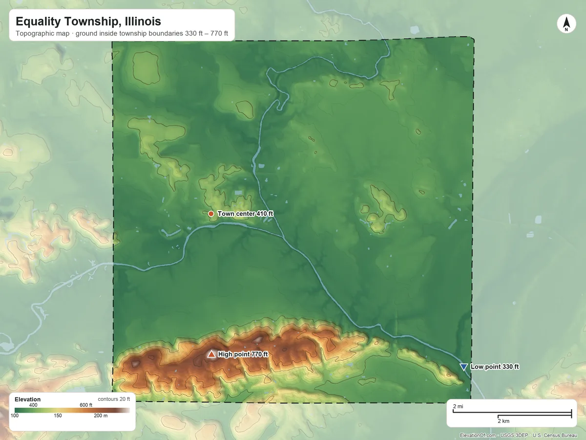 Topographic elevation map of Equality Township, Illinois, shaded from 330 ft on the southeast side to 770 ft on the south side