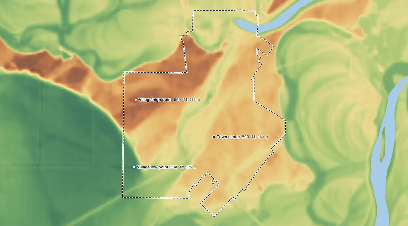 Topographic elevation map of Erie, Illinois, shaded from 580 ft on the west side to 600 ft on the northwest side