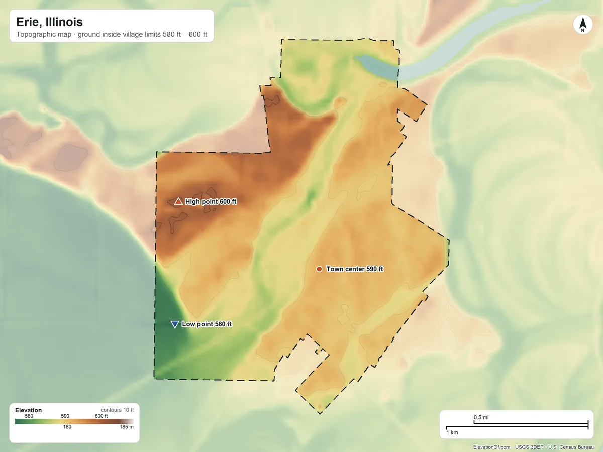 Topographic elevation map of Erie, Illinois, shaded from 580 ft on the west side to 600 ft on the northwest side