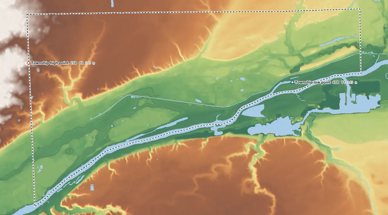 Topographic elevation map of Erienna Township, Illinois, shaded from 480 ft on the southwest side to 650 ft on the west side