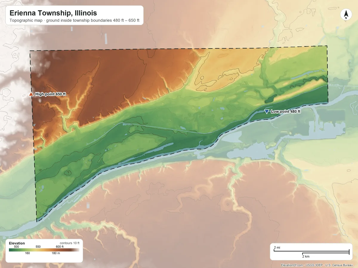 Topographic elevation map of Erienna Township, Illinois, shaded from 480 ft on the southwest side to 650 ft on the west side