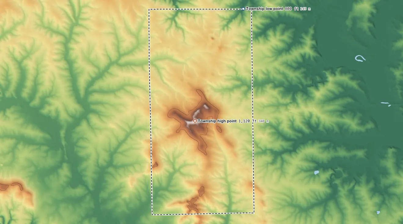 Topographic elevation map of Erin Township, Illinois, shaded from 800 ft on the northeast side to 1,120 ft on the south side