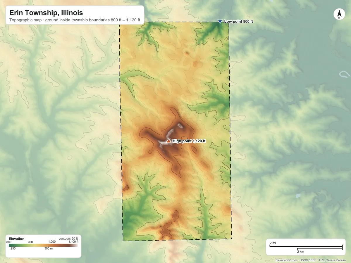 Topographic elevation map of Erin Township, Illinois, shaded from 800 ft on the northeast side to 1,120 ft on the south side