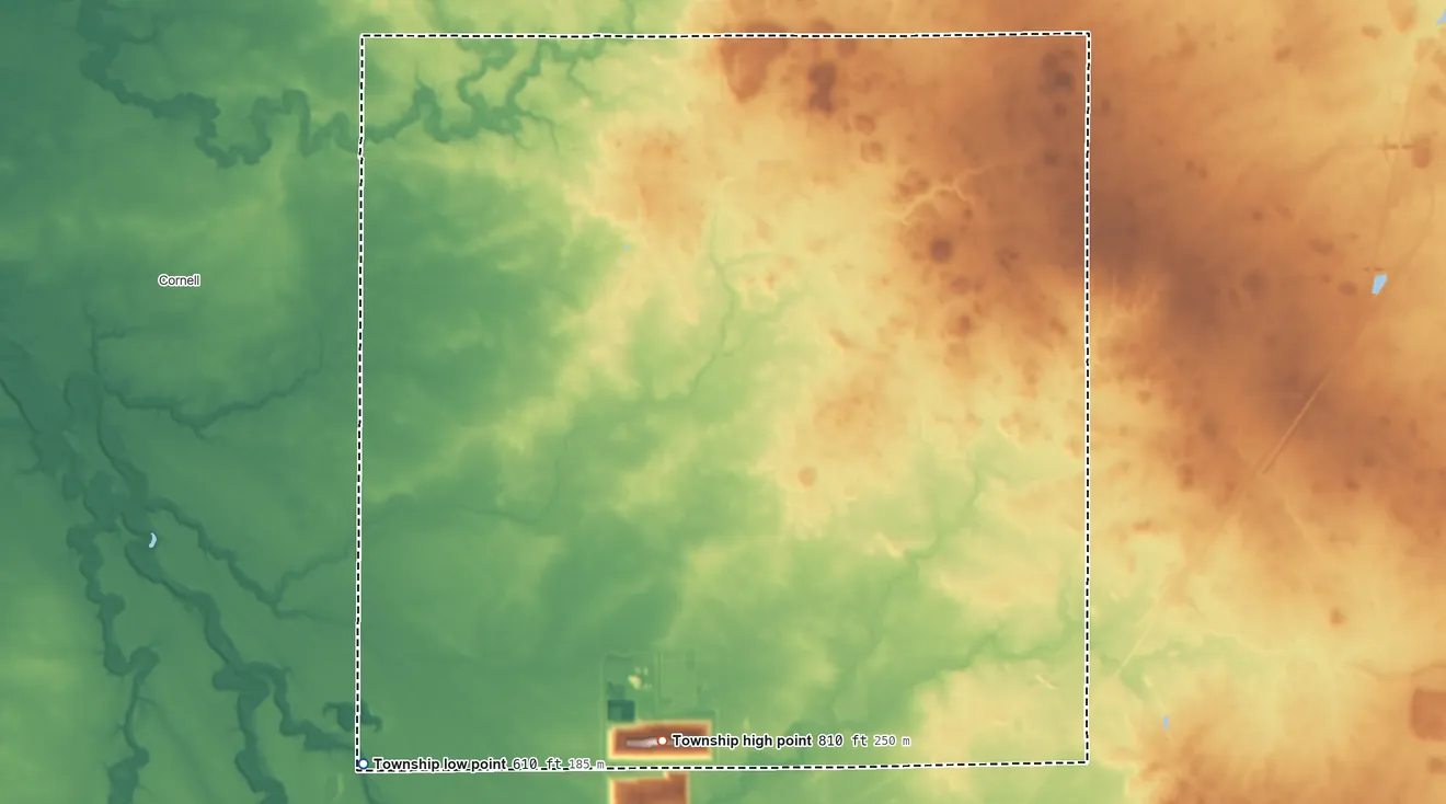 Topographic elevation map of Esmen Township, Illinois, shaded from 610 ft on the southwest side to 810 ft on the south side