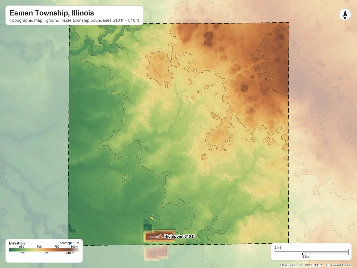 Topographic elevation map of Esmen Township, Illinois, shaded from 610 ft on the southwest side to 810 ft on the south side