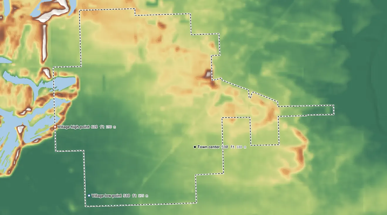 Topographic elevation map of Essex, Illinois, shaded from 580 ft on the southwest side to 620 ft on the west side