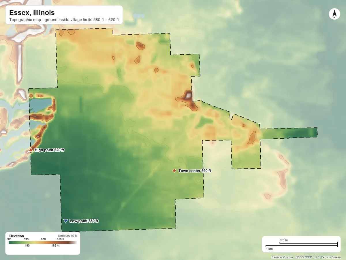 Topographic elevation map of Essex, Illinois, shaded from 580 ft on the southwest side to 620 ft on the west side