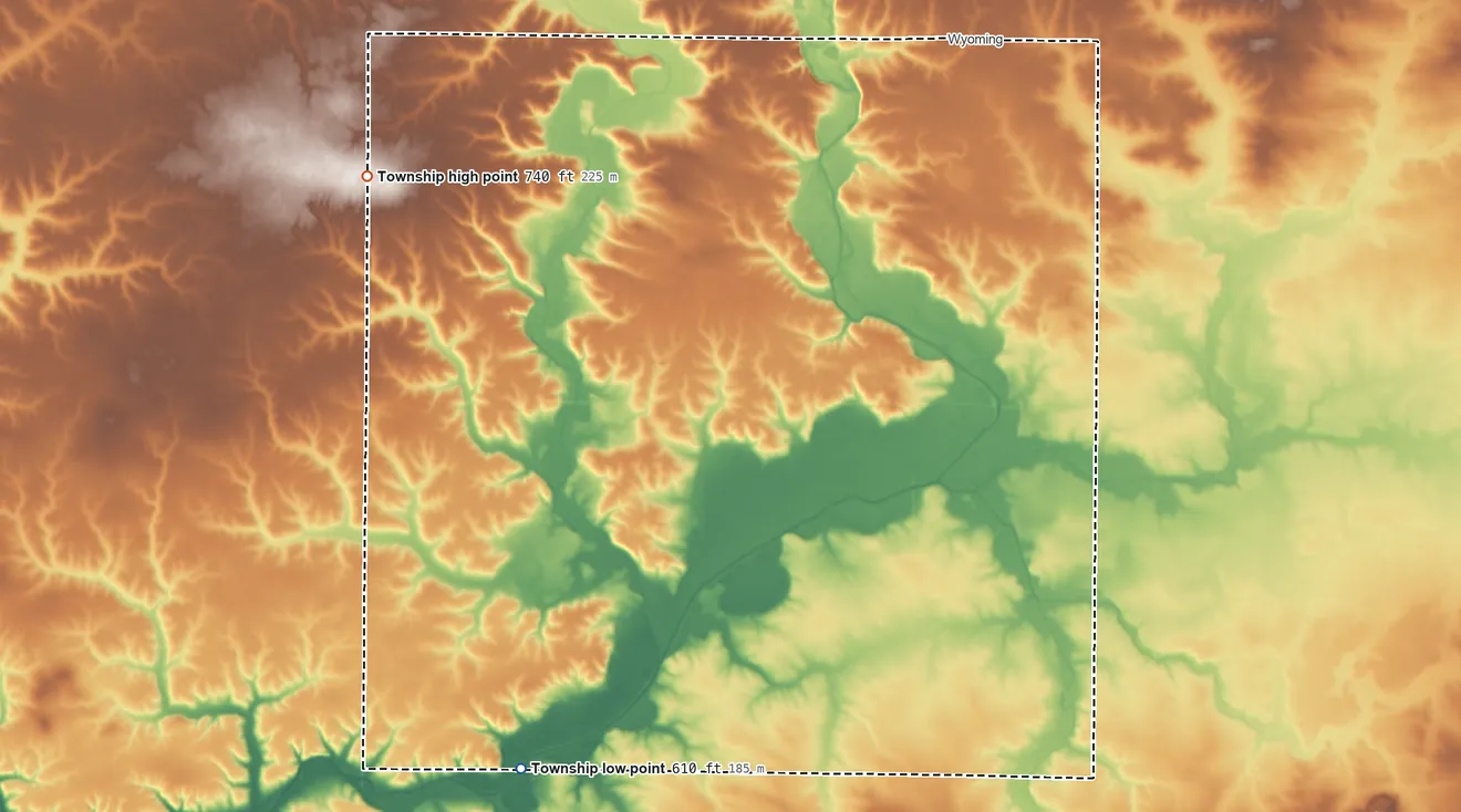 Topographic elevation map of Essex Township, Stark County, Illinois, shaded from 610 ft on the southwest side to 740 ft on the west side