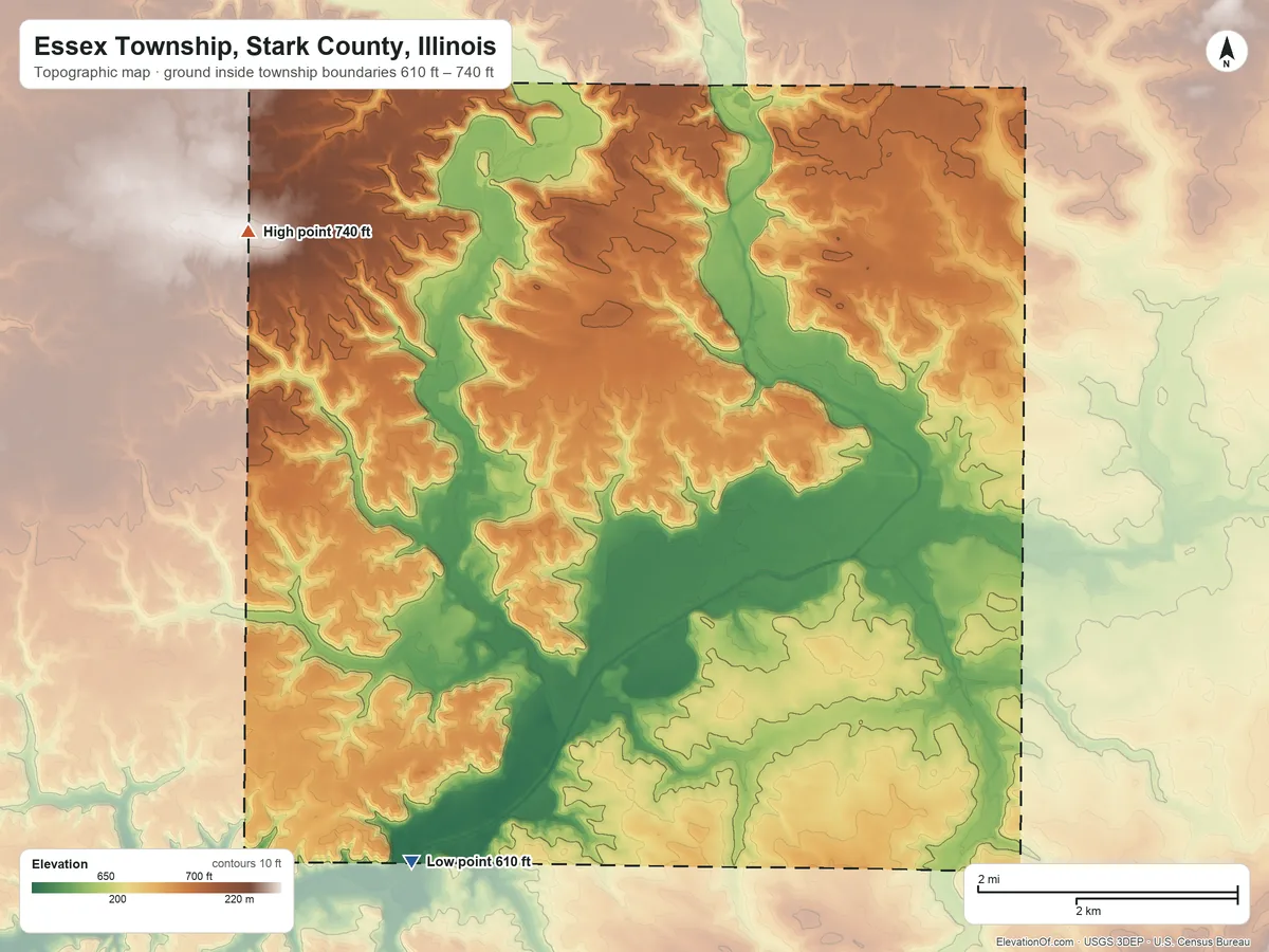 Topographic elevation map of Essex Township, Stark County, Illinois, shaded from 610 ft on the southwest side to 740 ft on the west side