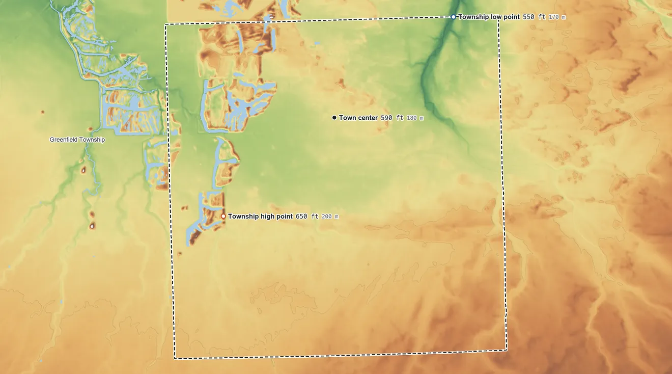 Topographic elevation map of Essex Township, Illinois, shaded from 550 ft on the northeast side to 650 ft on the southwest side