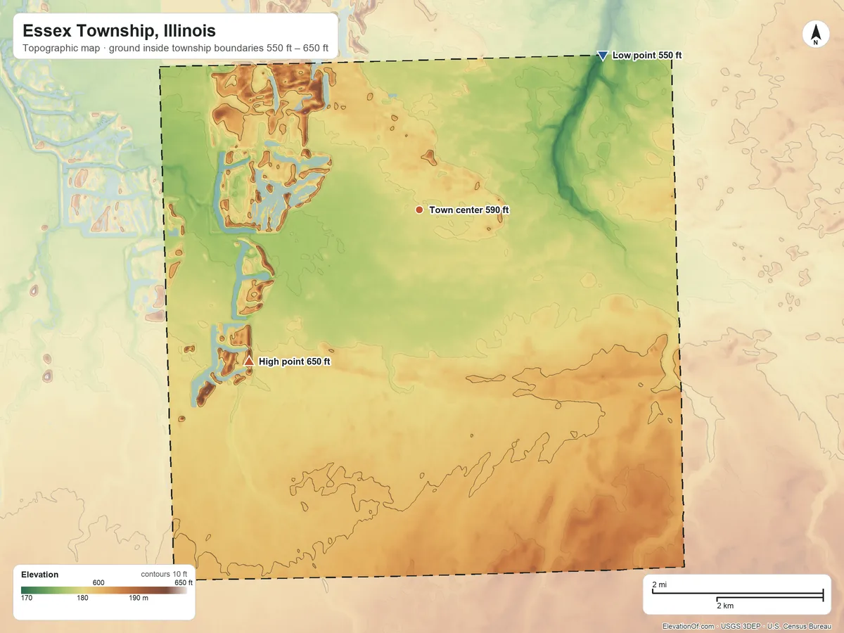 Topographic elevation map of Essex Township, Illinois, shaded from 550 ft on the northeast side to 650 ft on the southwest side