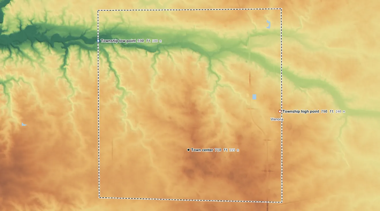 Topographic elevation map of Evans Township, Illinois, shaded from 590 ft on the northwest side to 790 ft on the northeast side