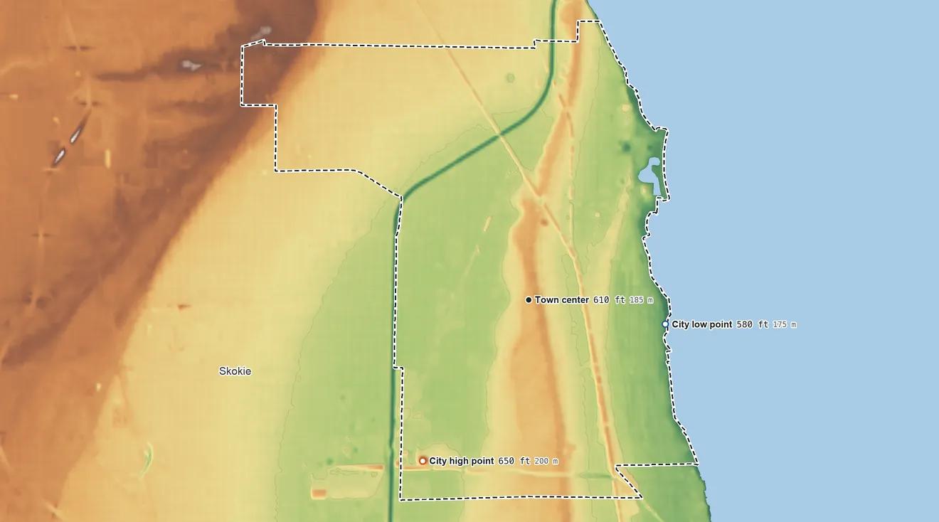 Topographic elevation map of Evanston, Illinois, shaded from 580 ft on the east side to 650 ft on the southwest side