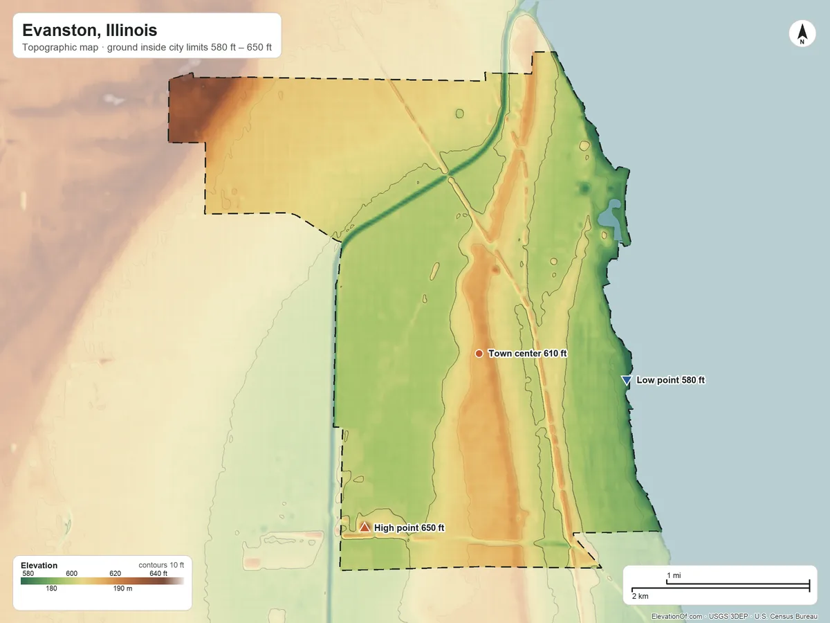 Topographic elevation map of Evanston, Illinois, shaded from 580 ft on the east side to 650 ft on the southwest side