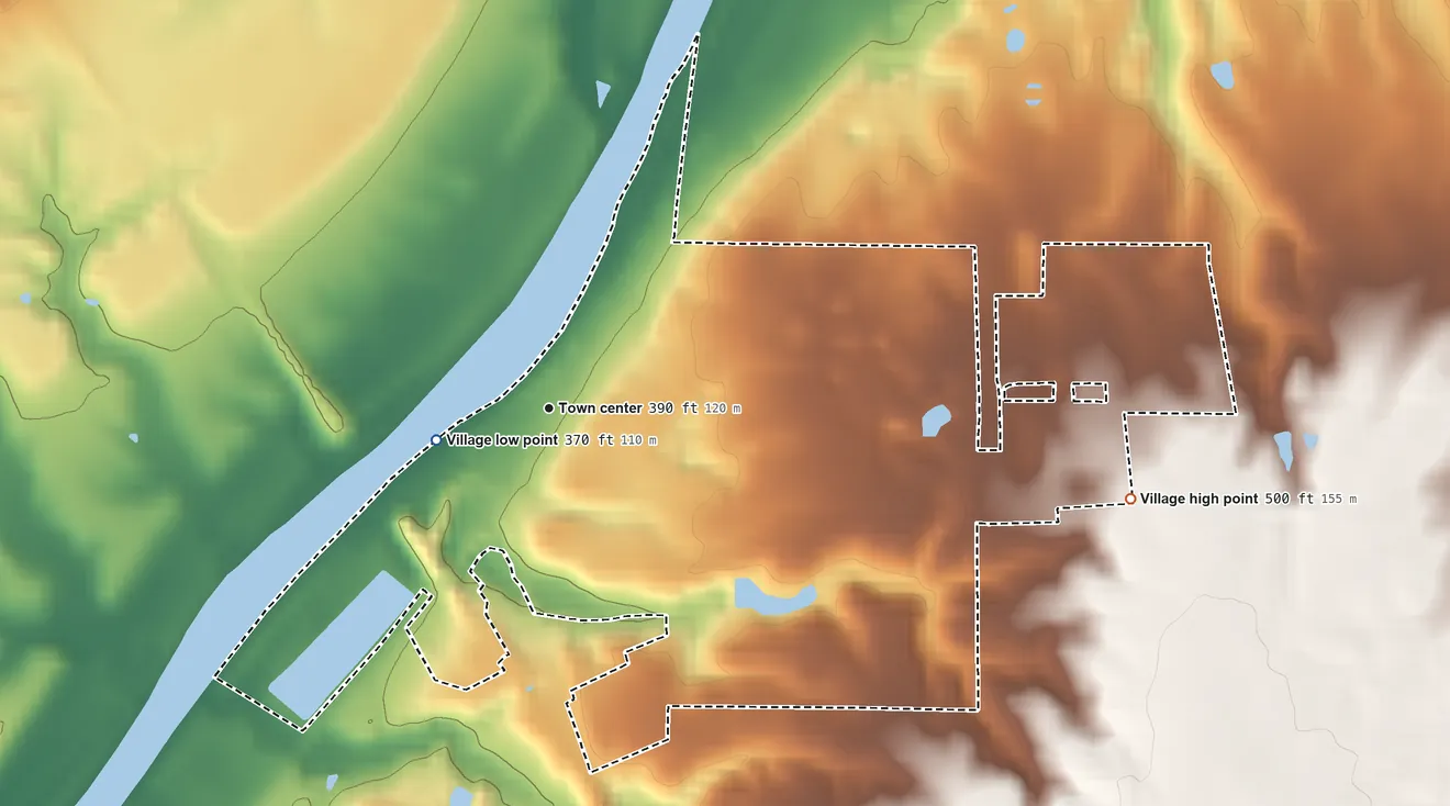 Topographic elevation map of Evansville, Illinois, shaded from 370 ft near the middle to 500 ft on the east side
