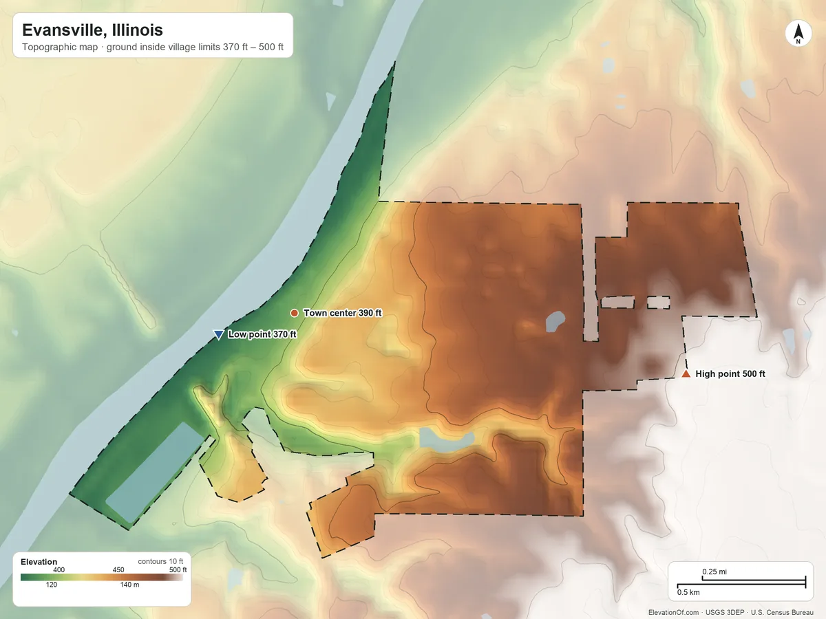 Topographic elevation map of Evansville, Illinois, shaded from 370 ft near the middle to 500 ft on the east side