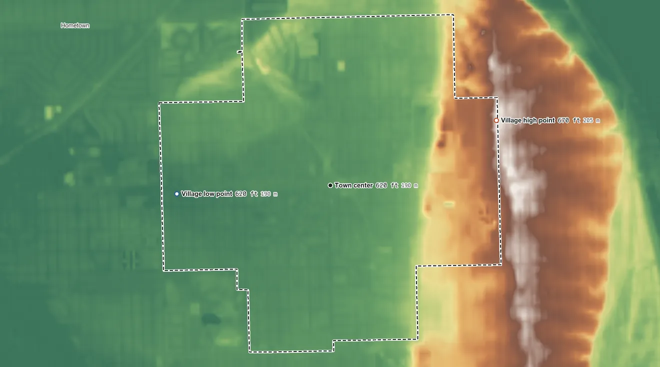 Topographic elevation map of Evergreen Park, Illinois, shaded from 620 ft on the west side to 670 ft on the east side