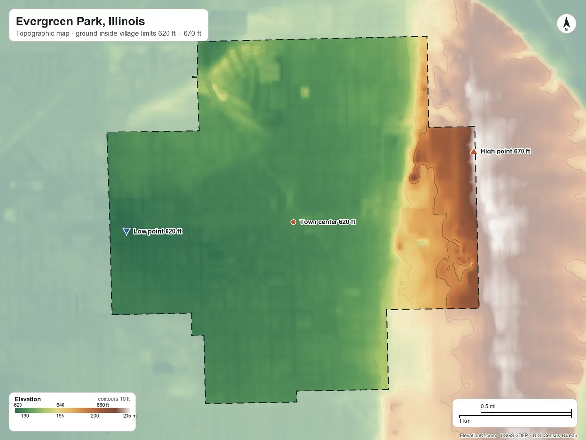 Topographic elevation map of Evergreen Park, Illinois, shaded from 620 ft on the west side to 670 ft on the east side