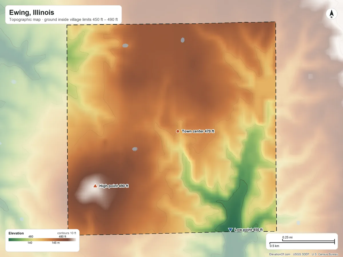 Topographic elevation map of Ewing, Illinois, shaded from 450 ft on the southeast side to 490 ft on the southwest side