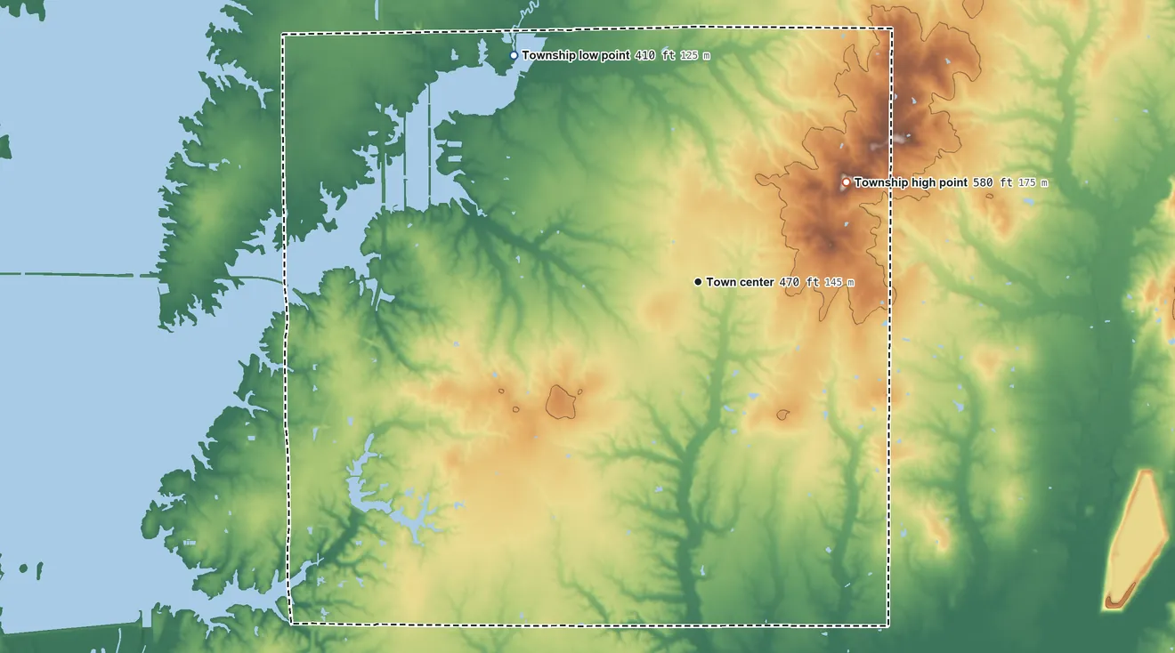 Topographic elevation map of Ewing Township, Illinois, shaded from 410 ft on the northwest side to 580 ft on the northeast side