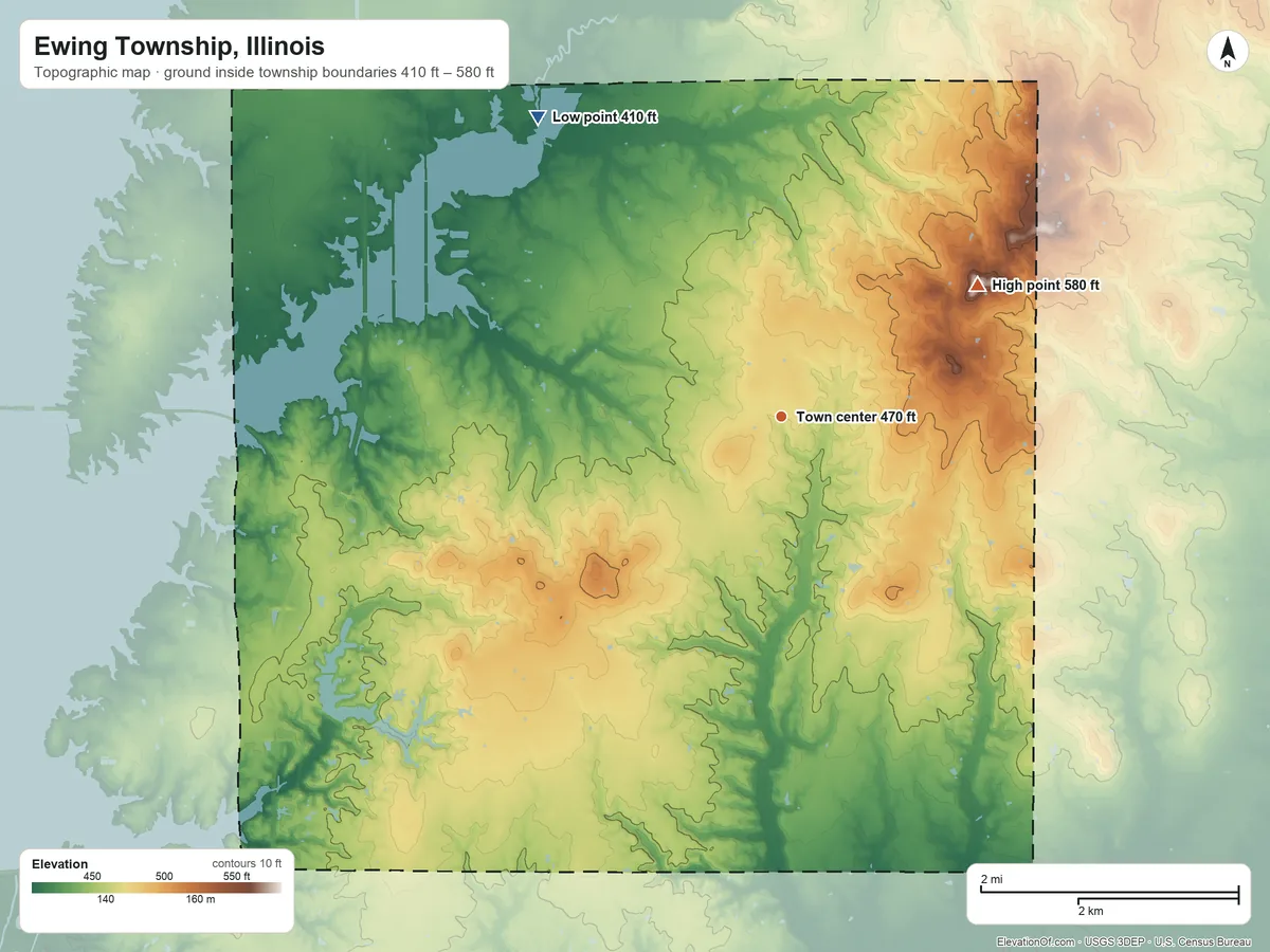 Topographic elevation map of Ewing Township, Illinois, shaded from 410 ft on the northwest side to 580 ft on the northeast side