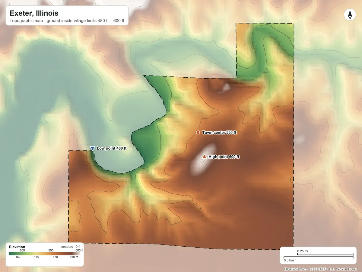 Topographic elevation map of Exeter, Illinois, shaded from 480 ft on the west side to 600 ft near the middle
