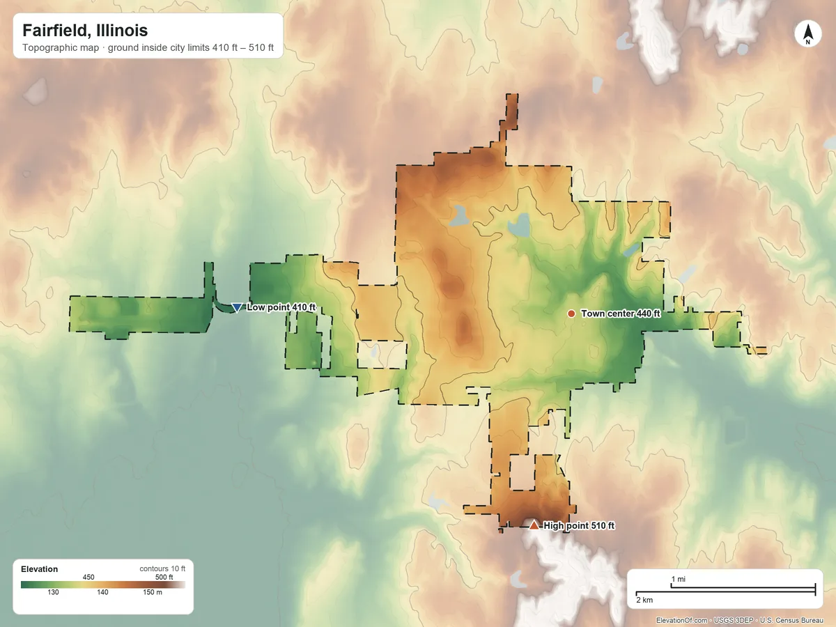 Topographic elevation map of Fairfield, Illinois, shaded from 410 ft on the west side to 510 ft on the south side