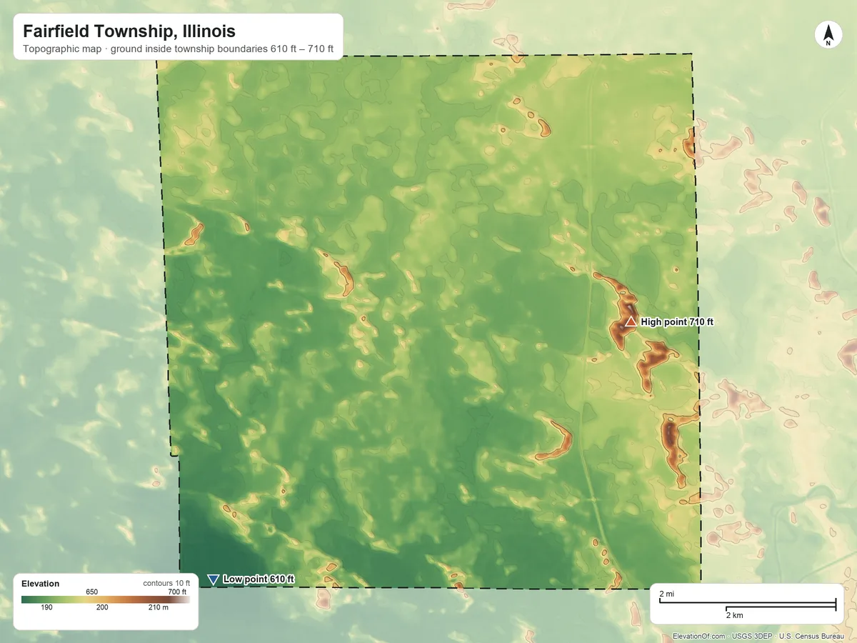 Topographic elevation map of Fairfield Township, Illinois, shaded from 610 ft on the southwest side to 710 ft on the east side