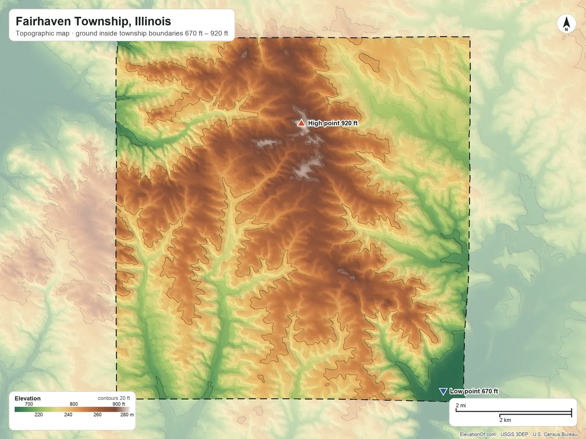 Topographic elevation map of Fairhaven Township, Illinois, shaded from 670 ft on the south side to 920 ft near the middle