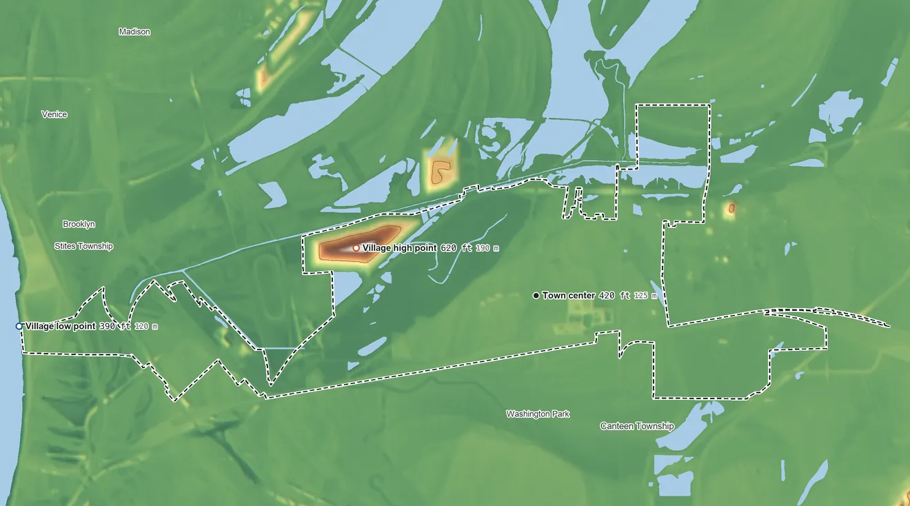 Topographic elevation map of Fairmont City, Illinois, shaded from 390 ft on the west side to 620 ft on the west side