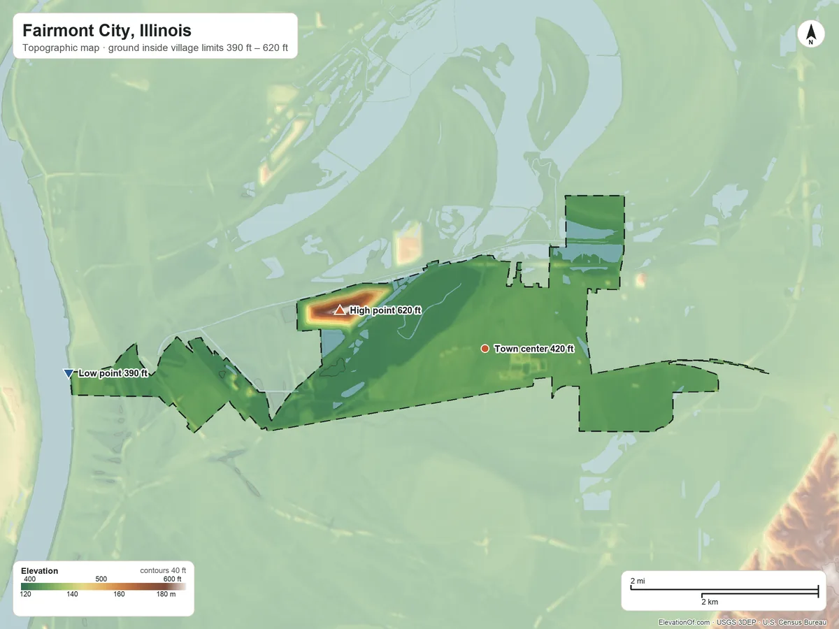 Topographic elevation map of Fairmont City, Illinois, shaded from 390 ft on the west side to 620 ft on the west side