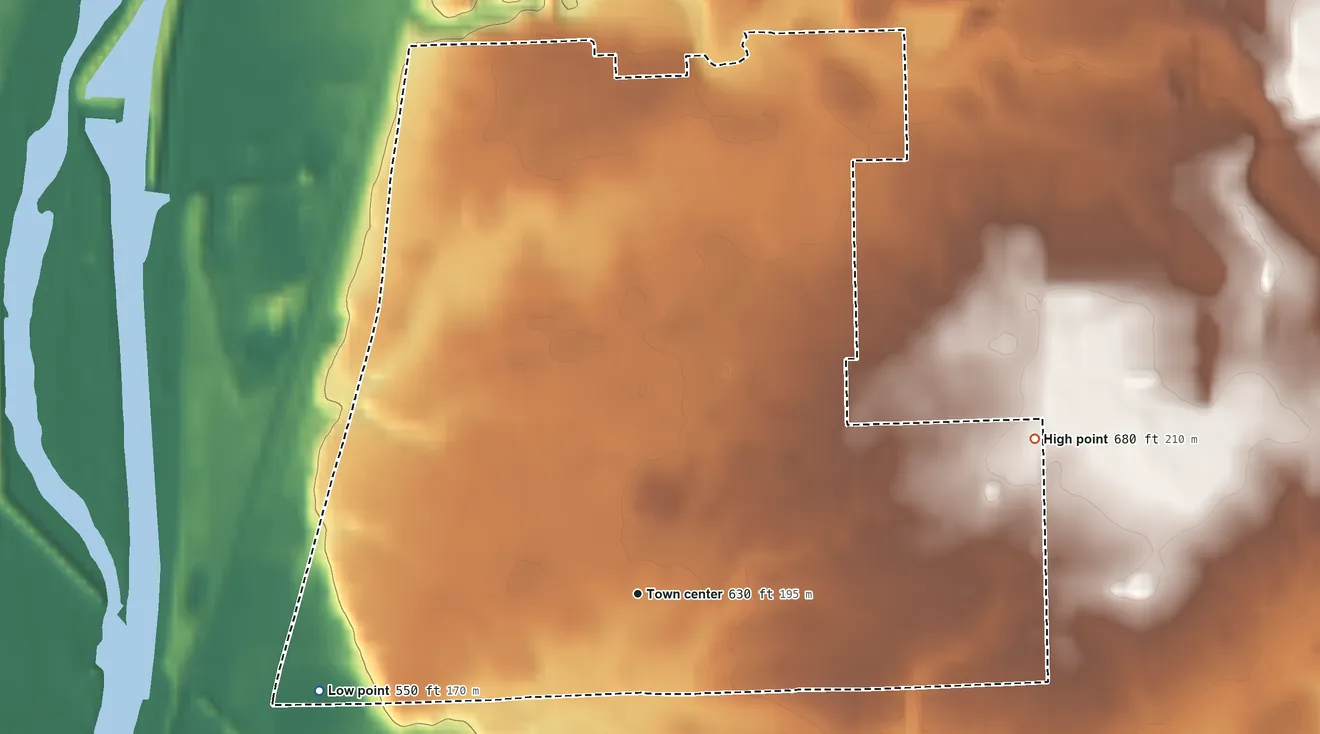 Topographic elevation map of Fairmont, Illinois, shaded from 550 ft on the west side to 680 ft on the east side