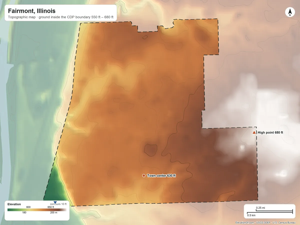 Topographic elevation map of Fairmont, Illinois, shaded from 550 ft on the west side to 680 ft on the east side