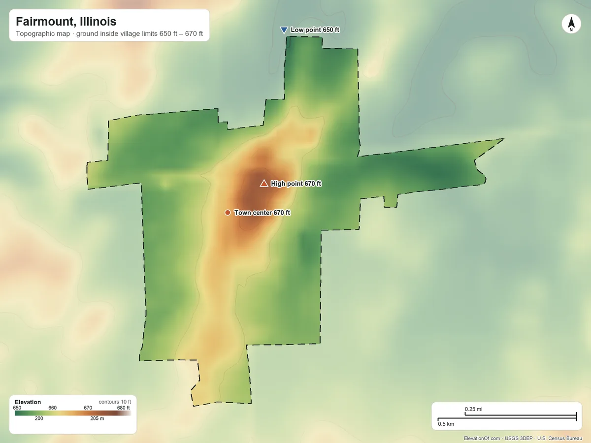 Topographic elevation map of Fairmount, Illinois, shaded from 650 ft on the north side to 670 ft near the middle