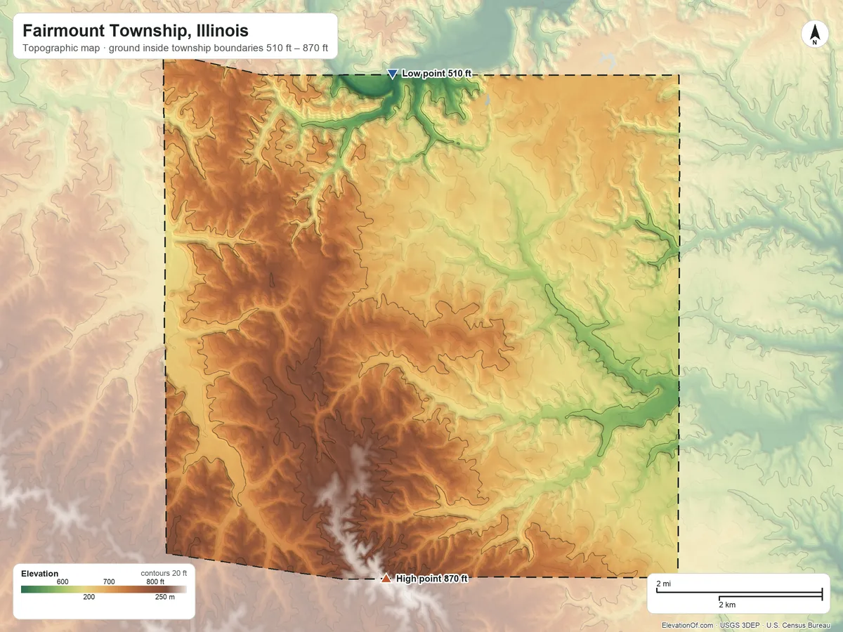 Topographic elevation map of Fairmount Township, Illinois, shaded from 510 ft on the north side to 870 ft on the south side