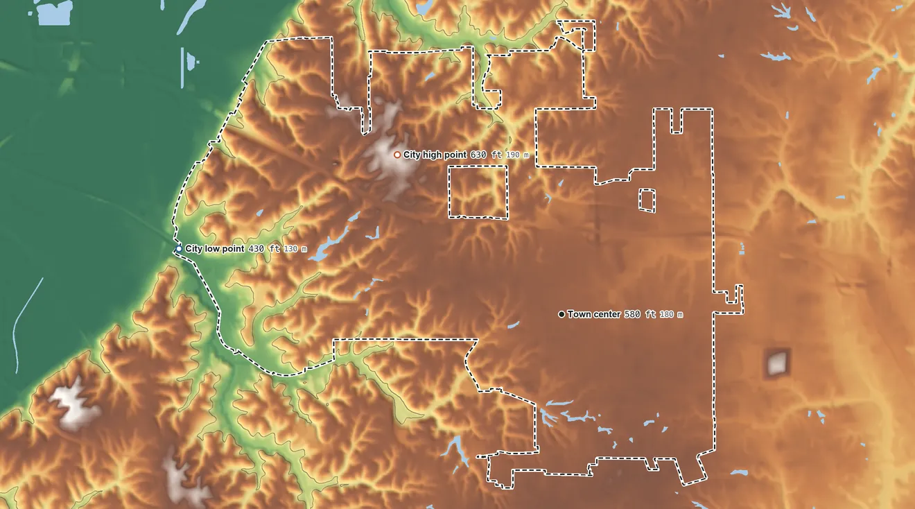 Topographic elevation map of Fairview Heights, Illinois, shaded from 430 ft on the west side to 630 ft on the northwest side