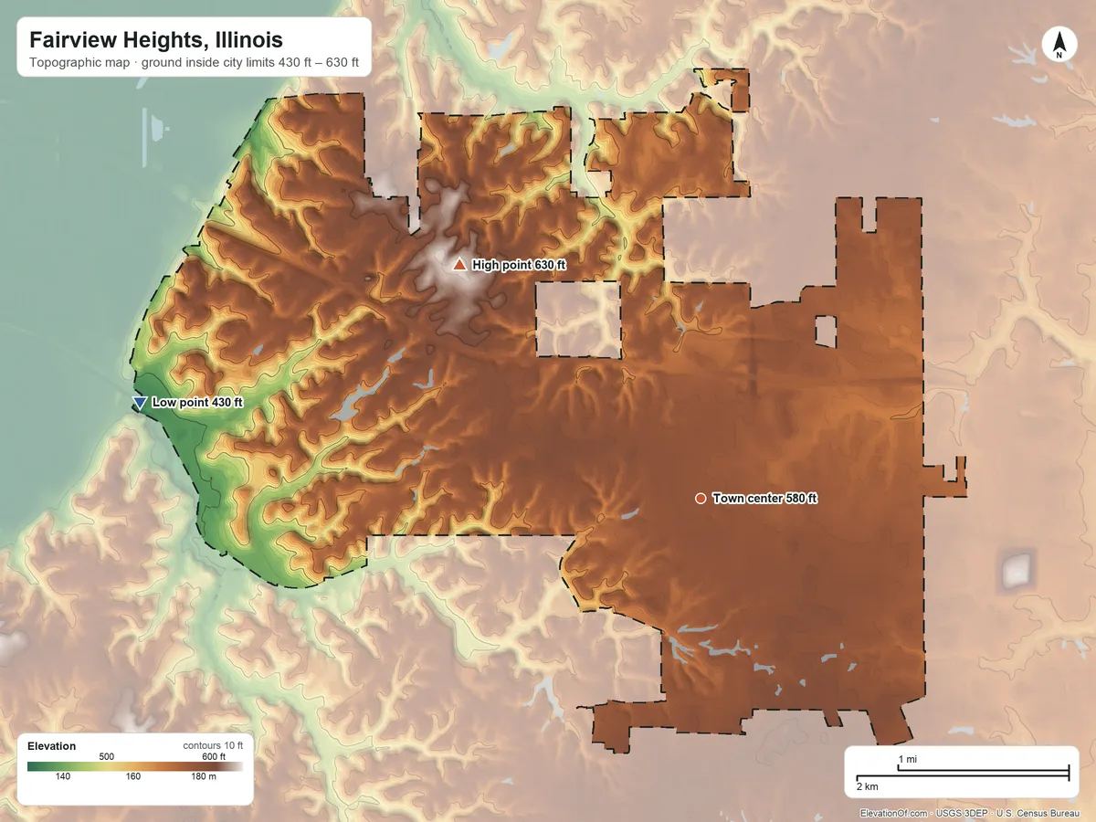 Topographic elevation map of Fairview Heights, Illinois, shaded from 430 ft on the west side to 630 ft on the northwest side