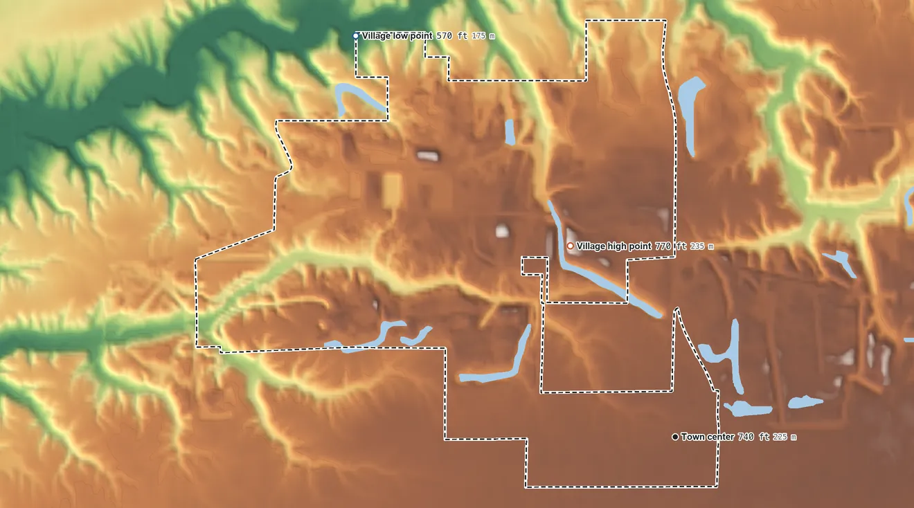 Topographic elevation map of Fairview, Illinois, shaded from 570 ft on the northwest side to 770 ft on the northwest side