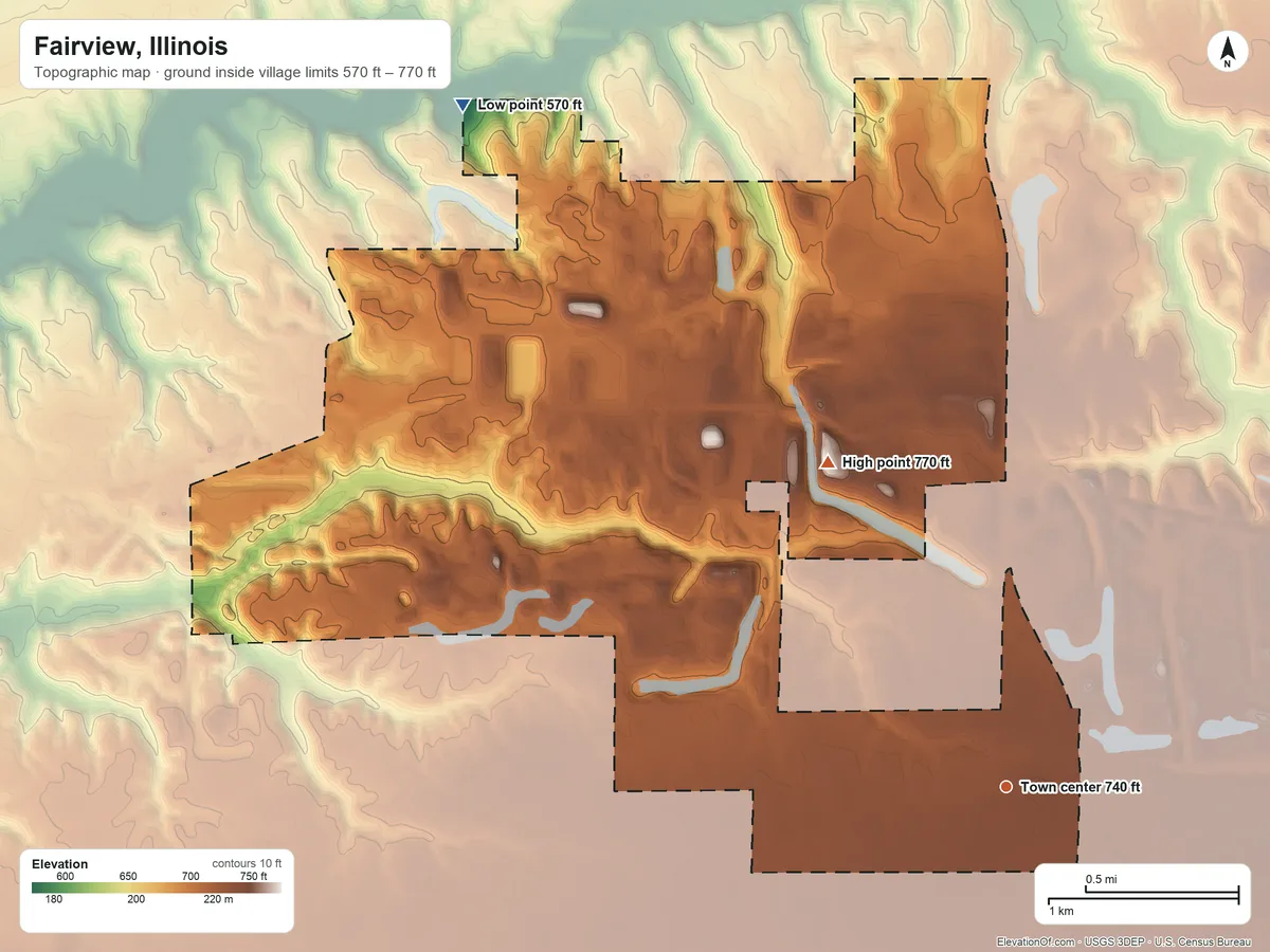 Topographic elevation map of Fairview, Illinois, shaded from 570 ft on the northwest side to 770 ft on the northwest side