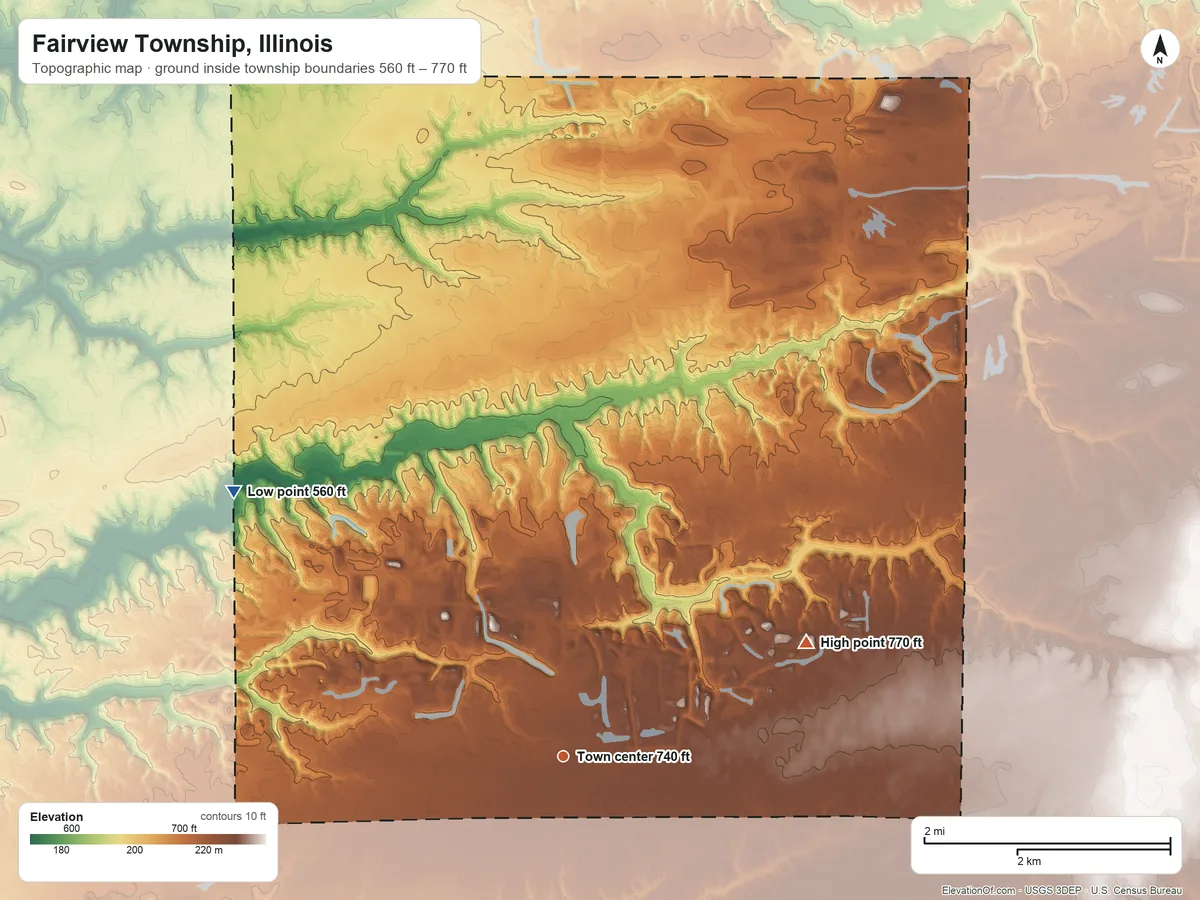 Topographic elevation map of Fairview Township, Illinois, shaded from 560 ft on the northwest side to 770 ft on the northeast side