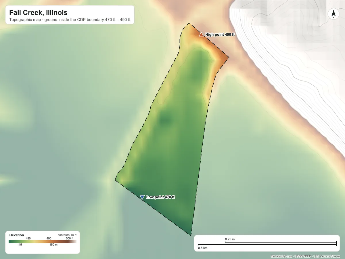 Topographic elevation map of Fall Creek, Illinois, shaded from 470 ft on the southwest side to 490 ft on the north side