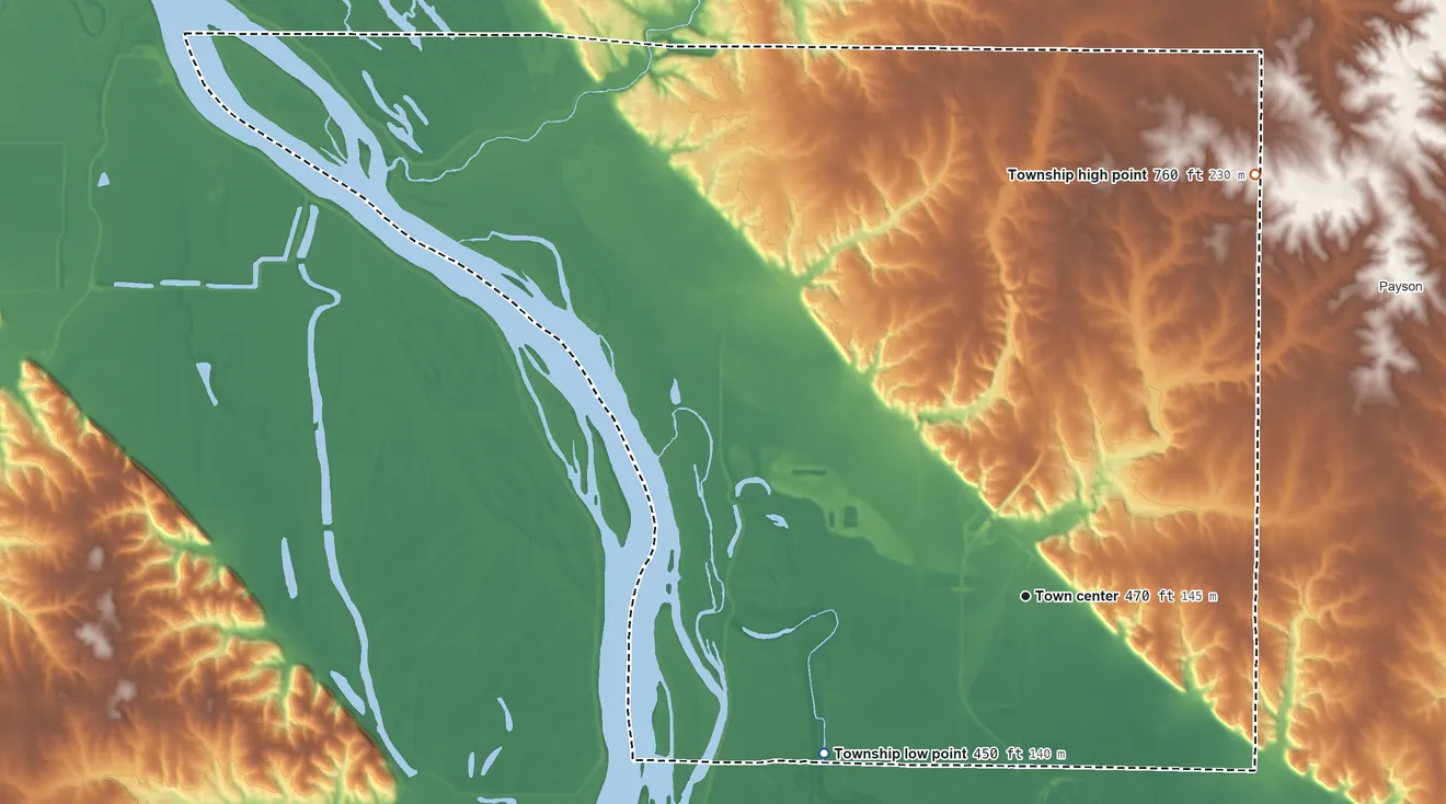 Topographic elevation map of Fall Creek Township, Illinois, shaded from 450 ft on the southwest side to 760 ft on the northeast side