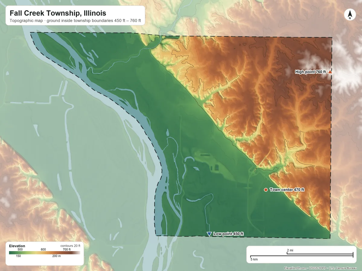 Topographic elevation map of Fall Creek Township, Illinois, shaded from 450 ft on the southwest side to 760 ft on the northeast side