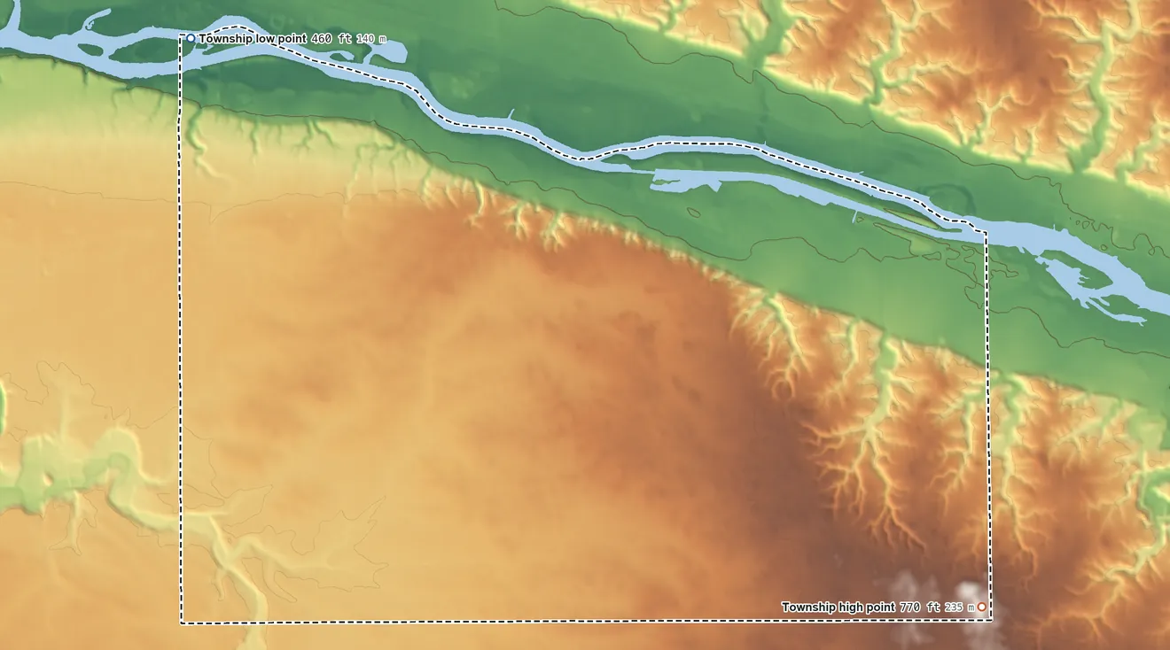 Topographic elevation map of Fall River Township, Illinois, shaded from 460 ft on the northwest side to 770 ft on the southeast side