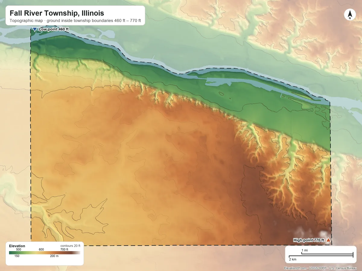 Topographic elevation map of Fall River Township, Illinois, shaded from 460 ft on the northwest side to 770 ft on the southeast side