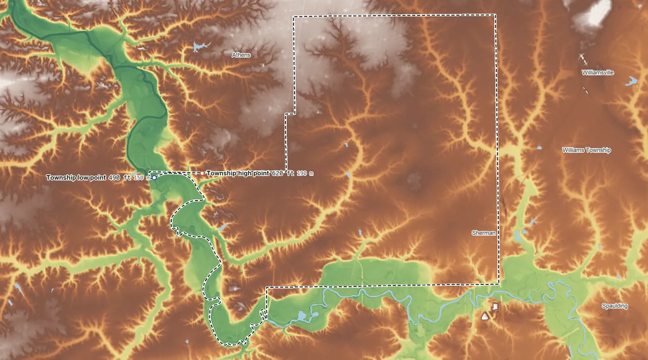 Topographic elevation map of Fancy Creek Township, Illinois, shaded from 490 ft on the west side to 620 ft on the west side