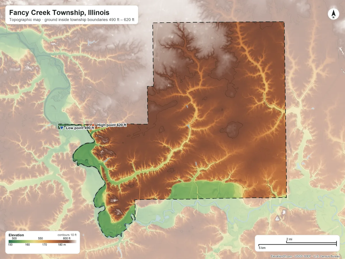 Topographic elevation map of Fancy Creek Township, Illinois, shaded from 490 ft on the west side to 620 ft on the west side