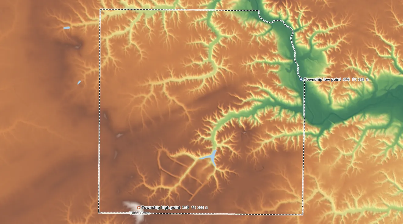 Topographic elevation map of Farmers Township, Illinois, shaded from 470 ft on the northeast side to 740 ft on the south side