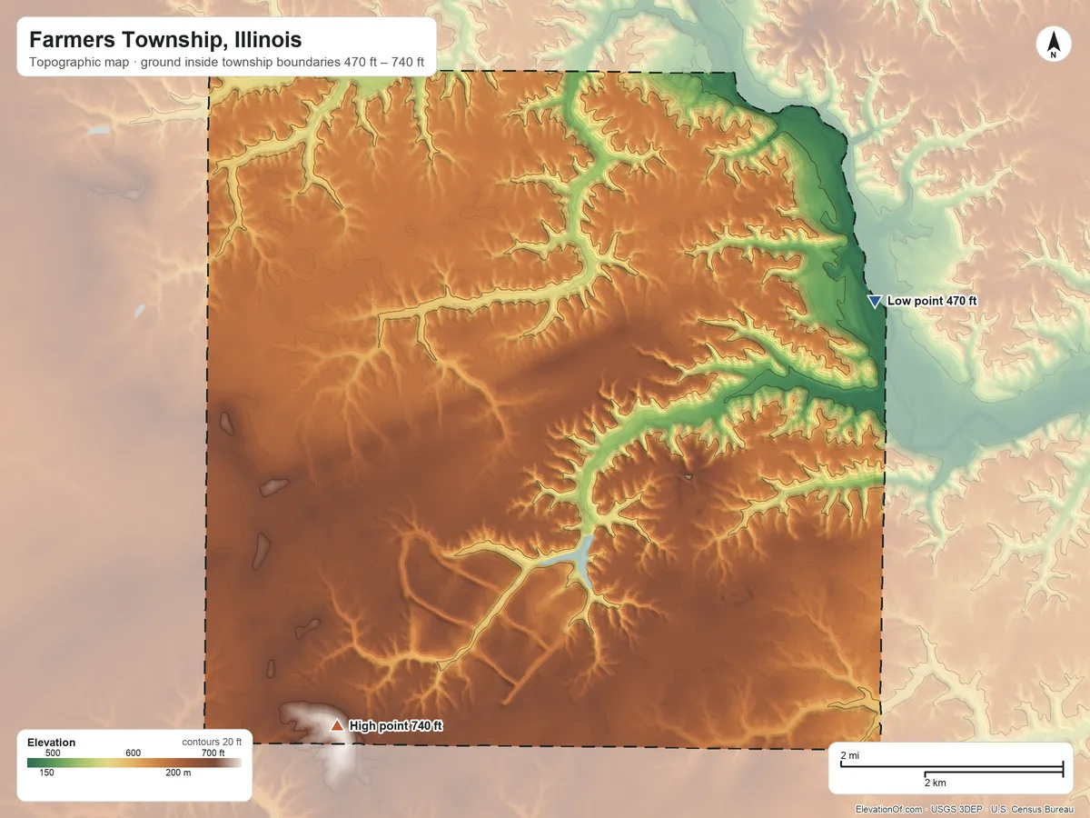 Topographic elevation map of Farmers Township, Illinois, shaded from 470 ft on the northeast side to 740 ft on the south side