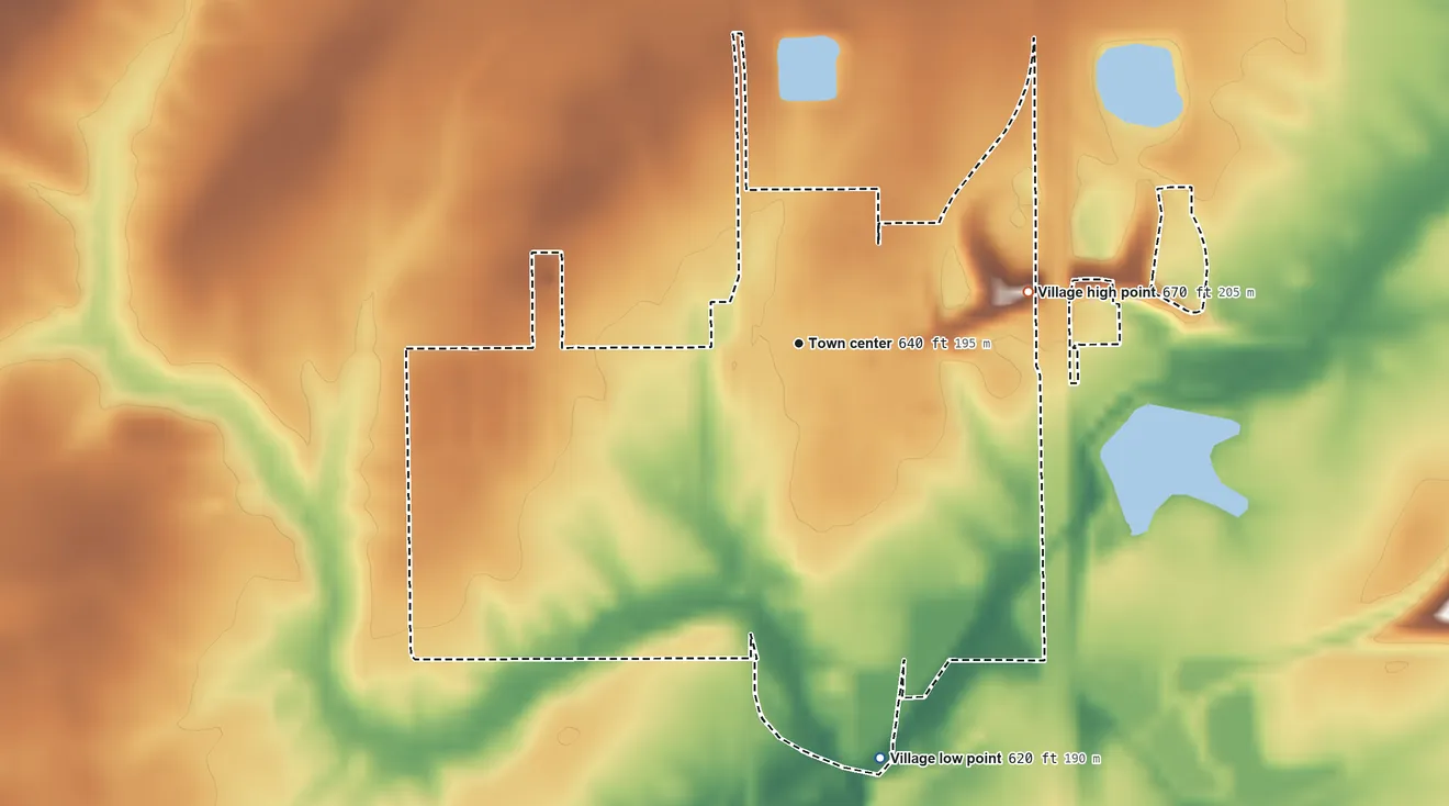 Topographic elevation map of Farmersville, Illinois, shaded from 620 ft on the south side to 670 ft on the east side